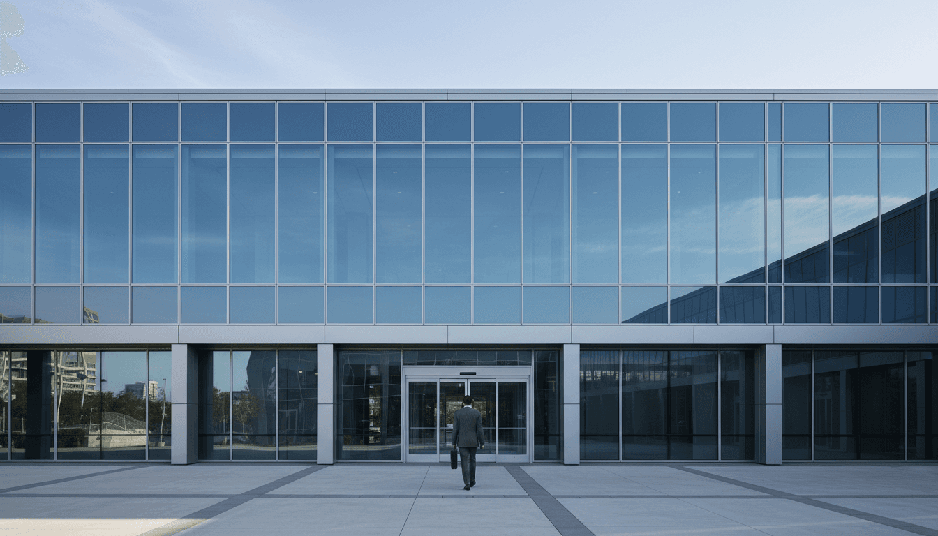 Modern office building entrance in San Jose with person walking in