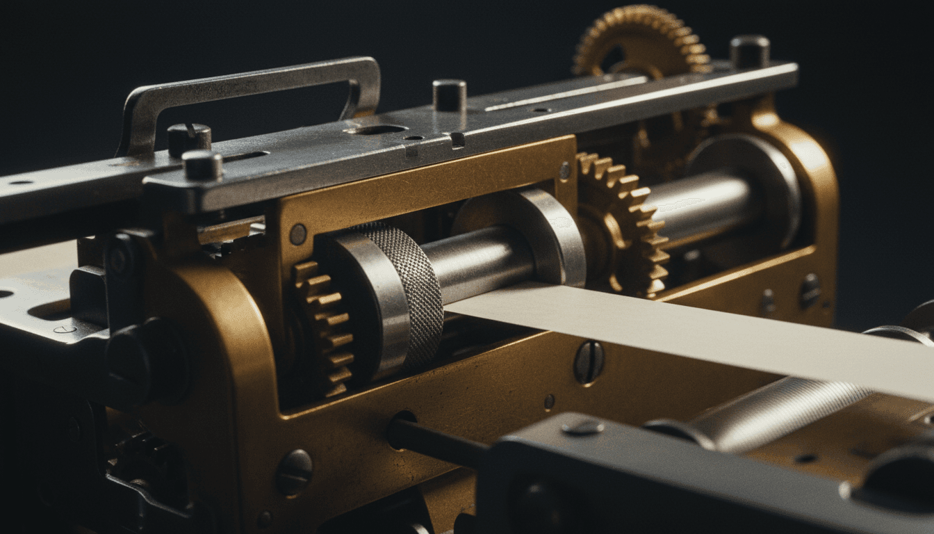 Close-up of a vintage stock ticker machine with brass and steel details