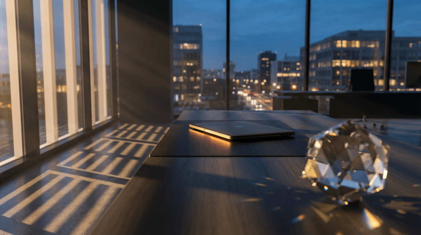 Modern office building in San Jose at golden hour with a blurred figure walking past